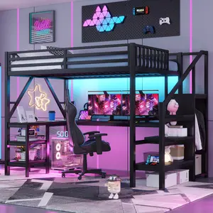 Full Size Loft Bed with Wardrobe and LED Light, Heavy-Duty Metal Loft Bed Frame with L Shaped Desk and USB for Teens Adults, Black