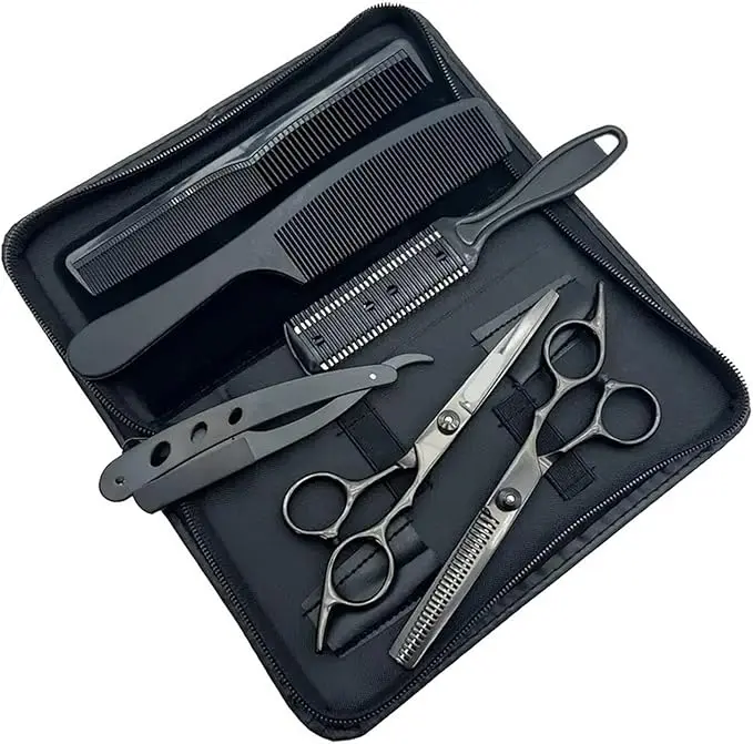 Professional Hairdressing Scissors Set, 6-Inch Black Stainless Steel Shears for Adults, Unisex Cutting & Thinning Kit for Barber Shops or Home Use, A Cost-Saving Salon Alternative