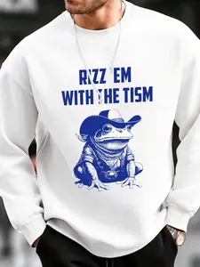 Men's Cartoon Frog & Letter Print Drop Shoulder Sweatshirt, Loose Casual Soft Comfy Long Sleeve Crew Neck Pullover for Fall & Winter, Men's Clothes for Daily Wear