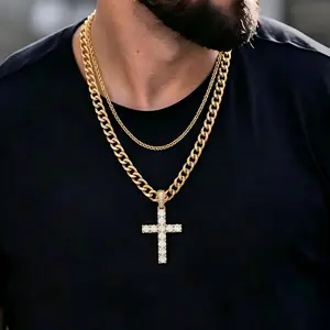 Hip Hop Twist Chain Necklace & Rhinestone Cross Pendant Necklace for Daily Wear, Stainless Steel Jewelry for Men & Women, Classic Jewelry for Gift