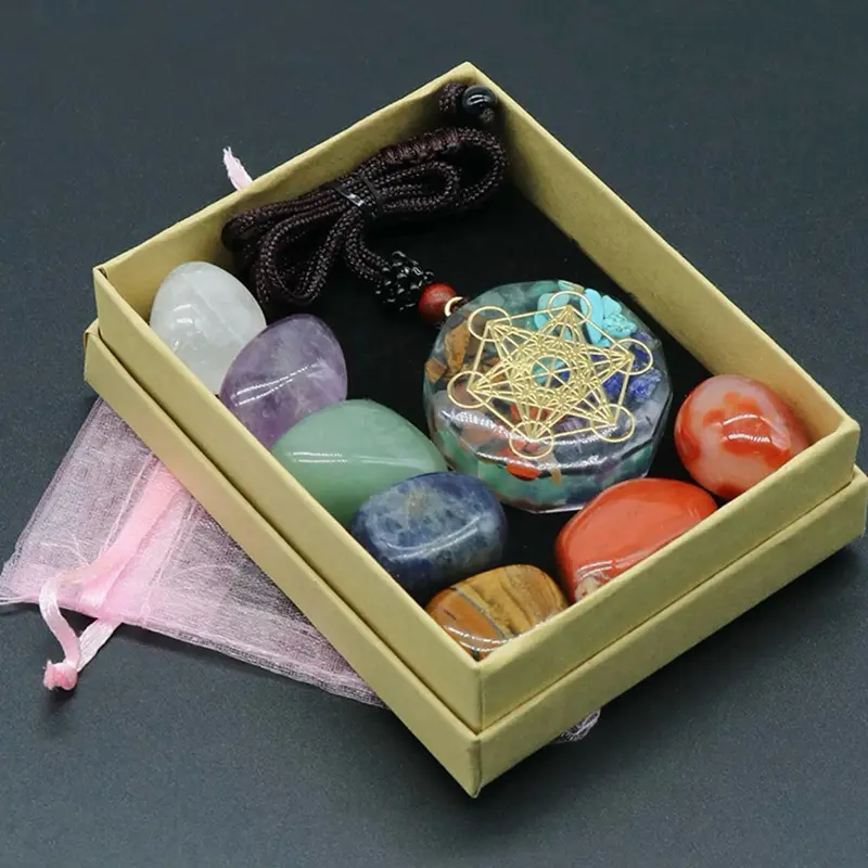 2Sets Natural Quartz Tumbled Gemstone 7 Resin Pendant W/Gift Box a star cooper 7 chakra protection and abundance forever