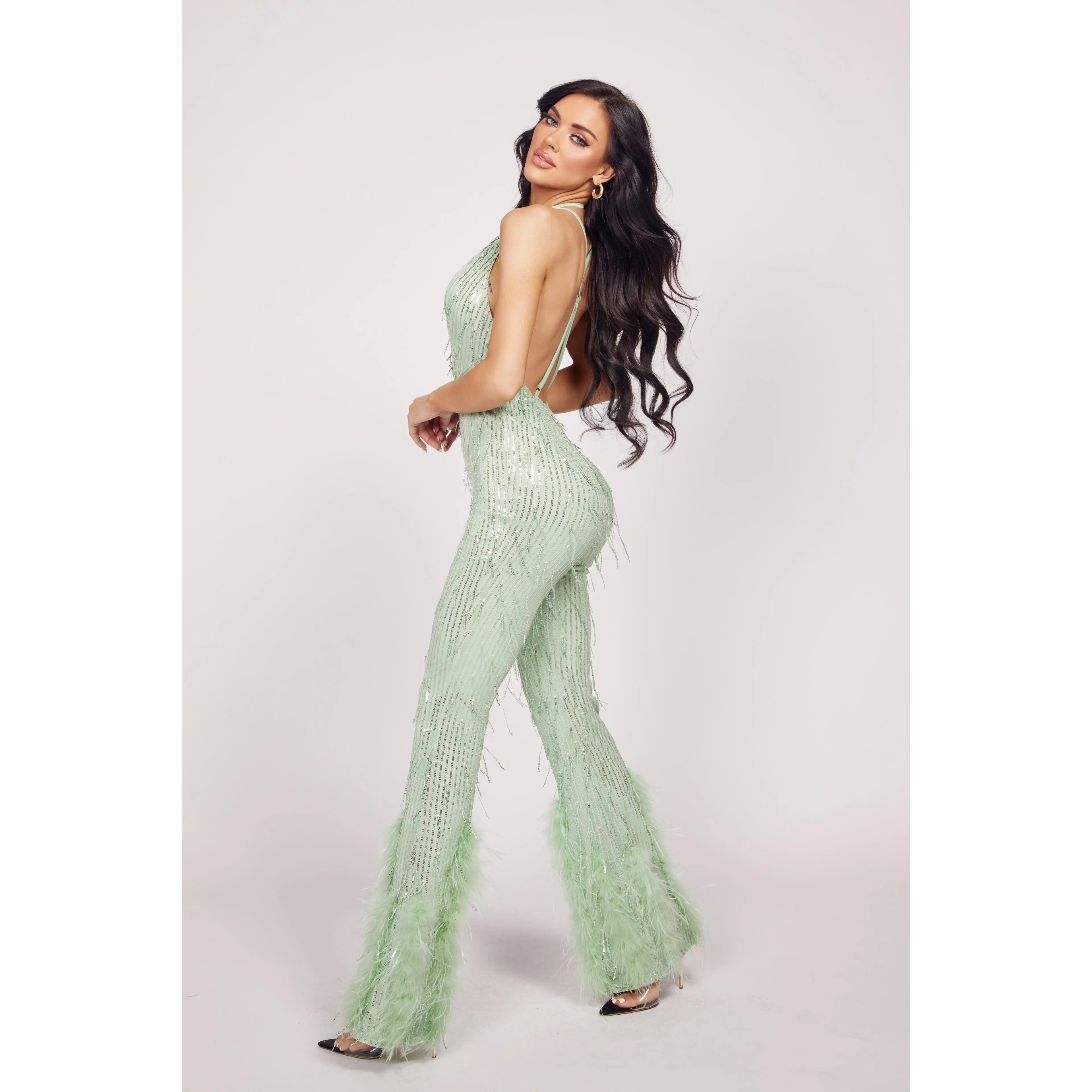 Festival Glam Sequin Feather Jumpsuit