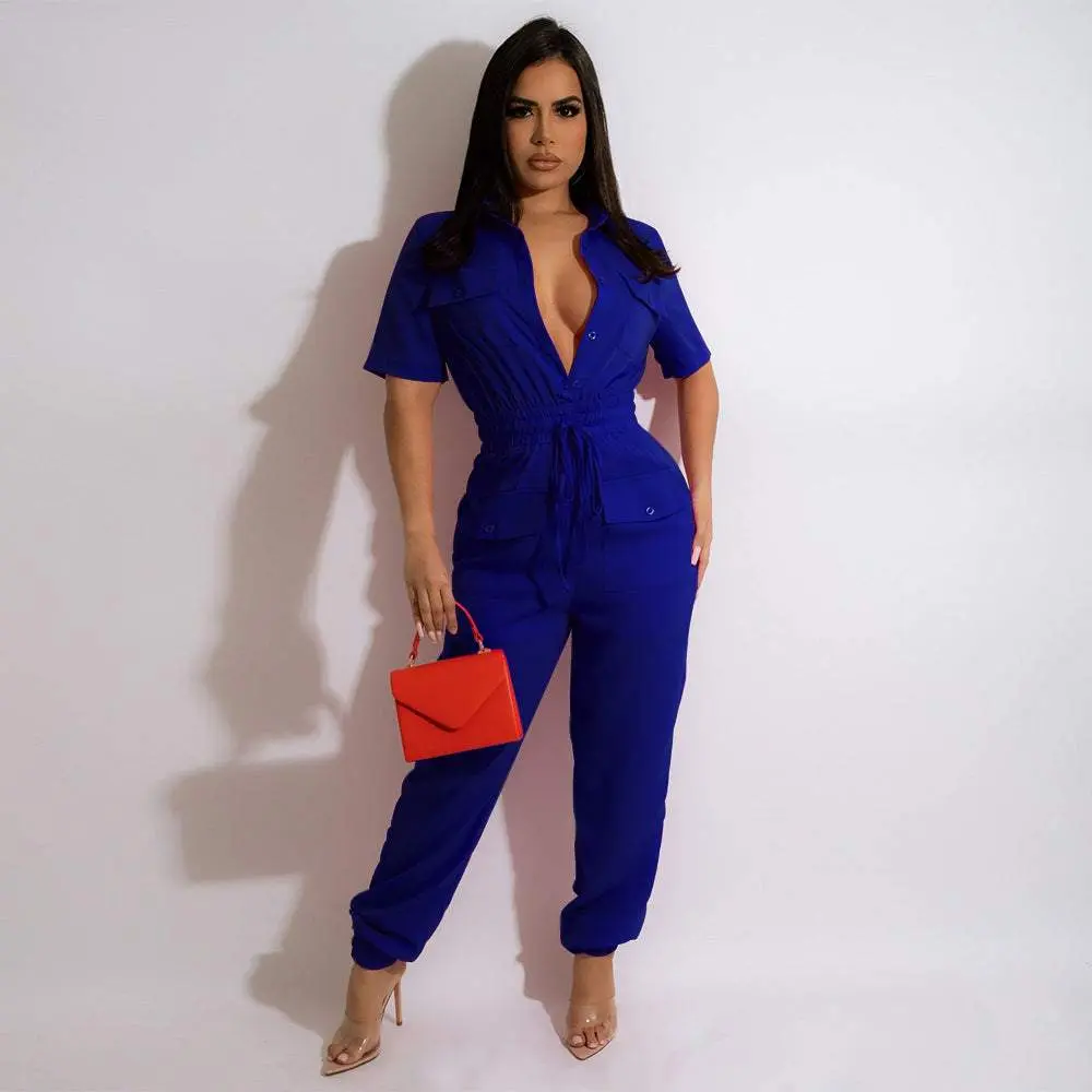 Short Sleeve Collar Slim-fit Lace Up Women's Jumpsuit