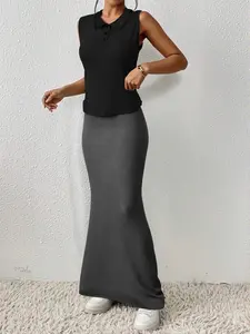 Elegant Sleeveless Knit Top and High-Waisted Fish Tail Skirt Set, Slim Fit Two-Piece for Office and Interviews, Spring Summer Professional Wear