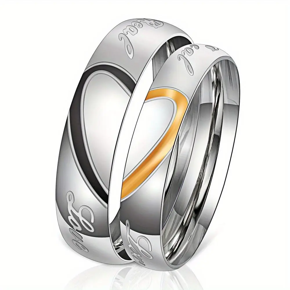Unisex Engraved Heart-Shaped Puzzle Couple Rings, Personalized Elegant Costume Jewelry, Ideal Gift for Wedding Anniversary, Engraved Fashion Accessories, Engraved Ring