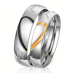 Unisex Engraved Heart-Shaped Puzzle Couple Rings, Personalized Elegant Costume Jewelry, Ideal Gift for Wedding Anniversary, Engraved Fashion Accessories, Engraved Ring