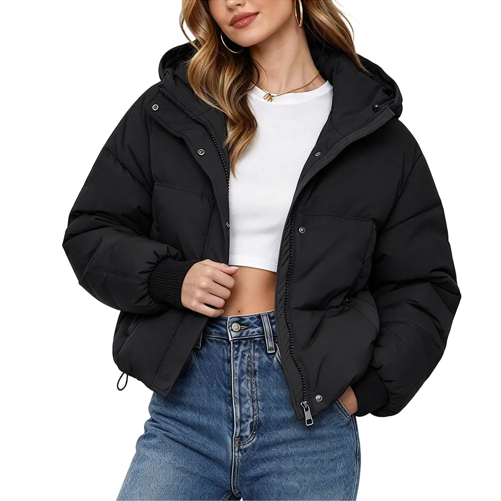 Arssm Women's Cropped Puffer Jacket Hooded Zip Up Quilted Short Padded Coat Lightweight Winter Warm Outwear