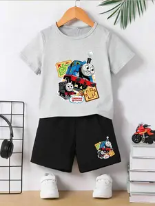 Boys Summer Short Sleeve Shorts Set, Thomas & Friends Print, Soft Breathable Fabric, Round Neck, Casual Daily Wear, Washable