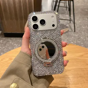 Iridescent Full Diamond Mirror Stand Multi-Color Sparkle Phone Case for iPhone 14/15/16/17 Pro/Pro Max Scratch-Resistant Luxury Trendy Accessory