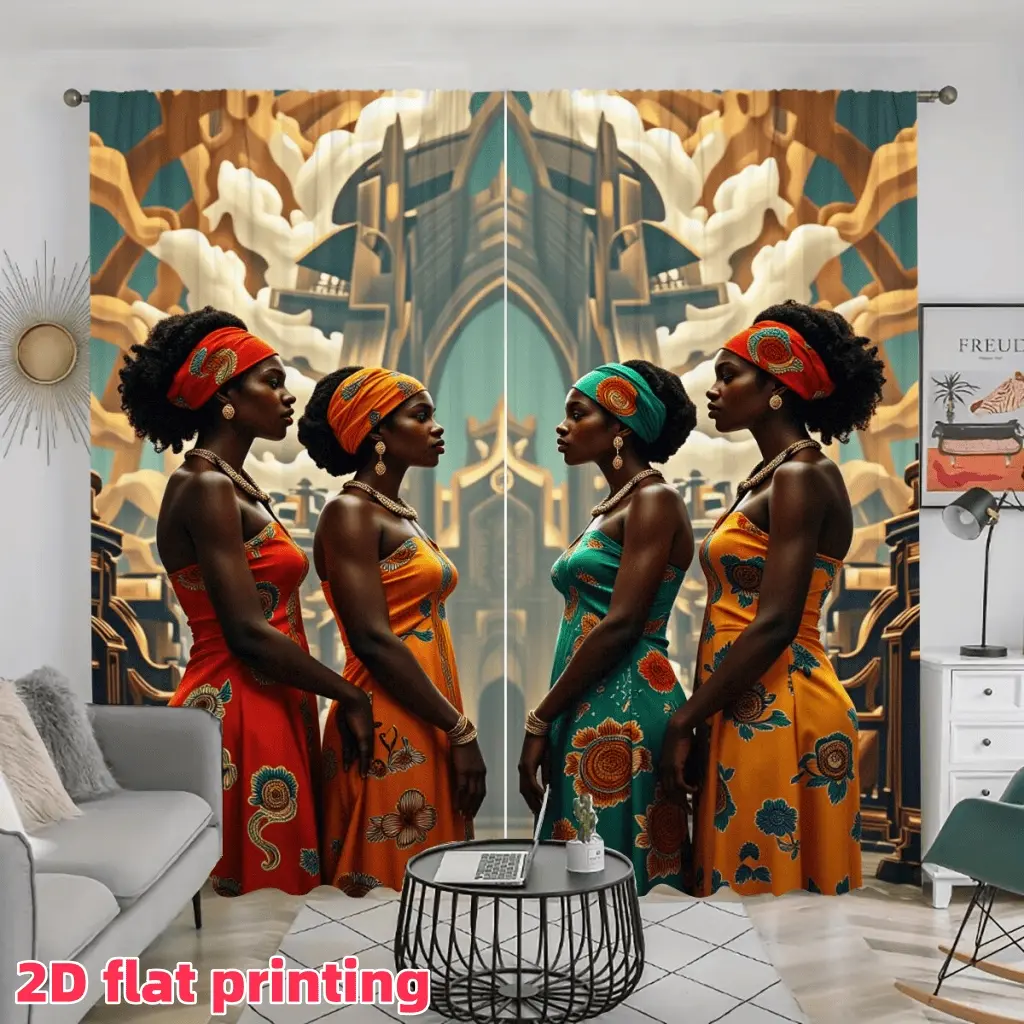 2D Flat 2Pcs African Women Print Curtains, Home Decorative Curtain, Vibrant Tribal Style Window Decor, Semi-Shade Polyester Panels for Living Room, Bedroom, Balcony, Anti-Privacy, Accessory .