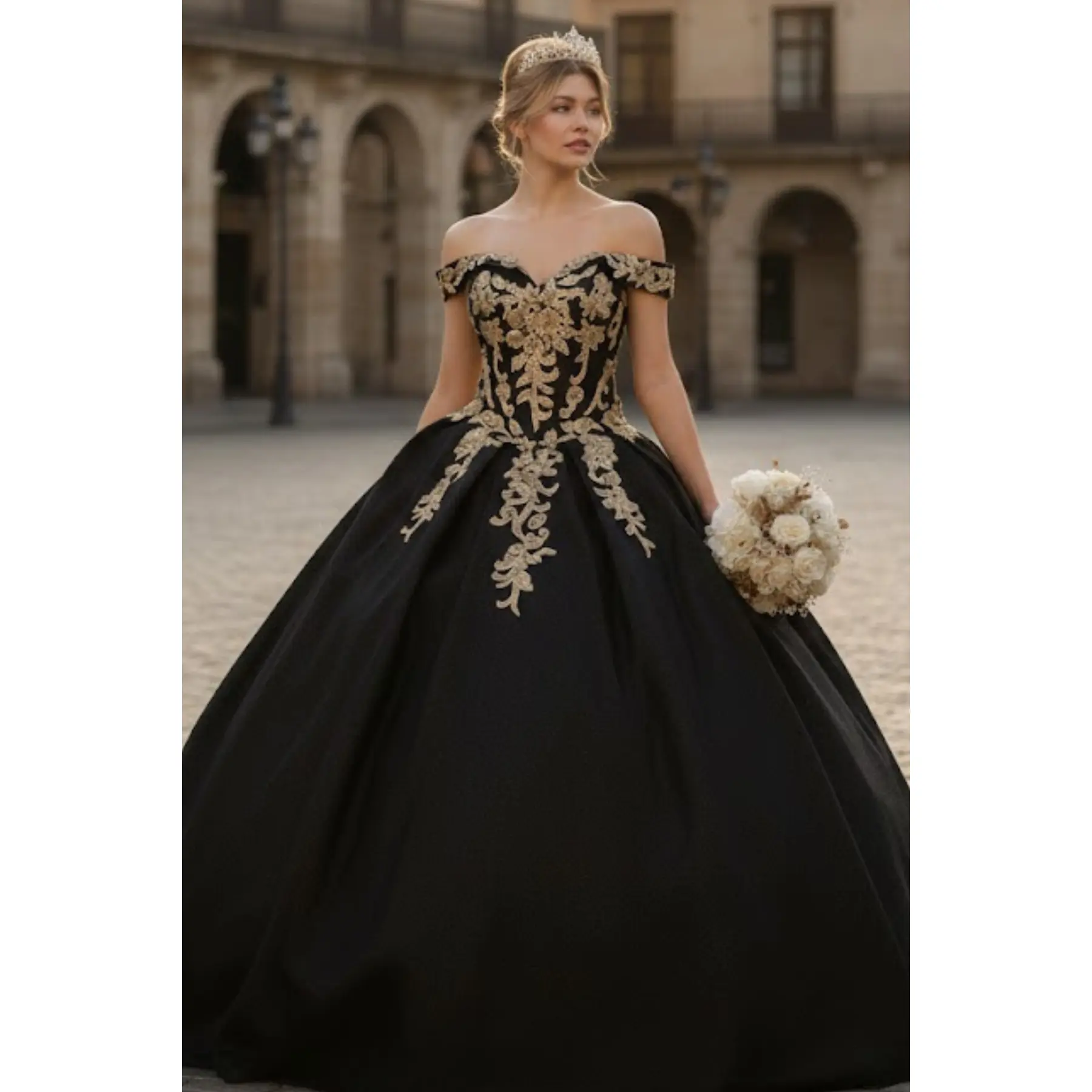 princess polly baby blue dress Navy Blue Glitter Crystal Quinceanera Dress with Gold Appliques Lace-up  Corset Ball Gown main image 0