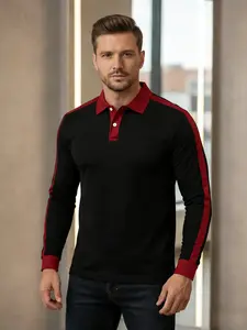 Men's Elegant Ribbed Collar Long-Sleeved Polyester Shirt - Navy Blue with Red Accents, Button-Front, Smooth Fabric, Suitable for Casual Wear, Casual Sports