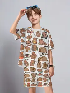 Boys' Fashionable 3D Printed Casual Hoodie Set, Round Neck Cartoon Capybara Pattern Sports Shirt, Perfect for Leisure, Outdoor Sports, Parties, Vacation