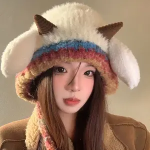 JointlyCreating Women's Winter Warm Hat Lined Windproof Beanie with Soft Pom-Pom Pastel Rainbow Stripes Gift for Friends Everyday Use Birthday Present