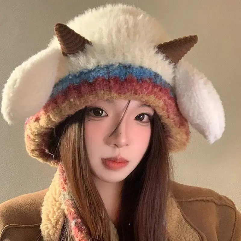 JointlyCreating Women's Winter Warm Hat Lined Windproof Beanie with Soft Pom-Pom Pastel Rainbow Stripes Gift for Friends Everyday Use Birthday Present