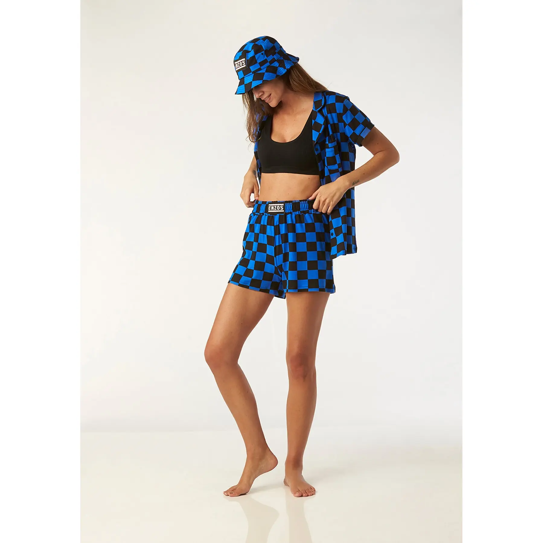 Catnapper set top & shorts (checkmate - blue)