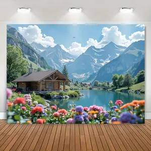 1pc Polyester Artistic Large Mountain Scenic Landscape Wall Mural Print - Serene Lake, Floral Border, Ideal for Home Decoration, Photo Backdrop, Living Room Use,summerwins