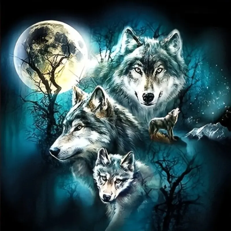 5D Diamond Painting Kit - Animal Theme Wolf  Moonlight - Round Diamond Art Full Drill Canvas, DIY Craft Set for Beginners, Wall Decor