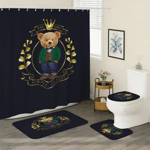 Polo Bear Theme Bath Curtain Set, Blue Gold, Includes Plastic Hooks, Non-Slip Mat, U-Shaped Toilet Pad, Bathroom Decor Accessories, Shower Curtain Sets