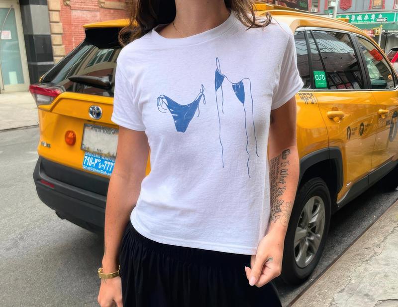 Women's Bikini Silhouette Painting Baby Tee, Cute Y2K Aesthetic Baby Tee, Blue Trending Design Shirt, Cool Girl Tshirt, White Baby Tee Tee