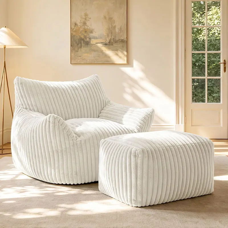 【1 Package】Oversized Corduroy Plush Bean Bag Chaise Lounge Chair with Ottoman, Modern Pre-Assembled Sturdy Cloud Floor Sofa, 400 lbs High Resiliency, Supportive Armrests, Ergonomic Design for Dorm Room Home Office Single Furniture, Casual, Bean Bag Chair