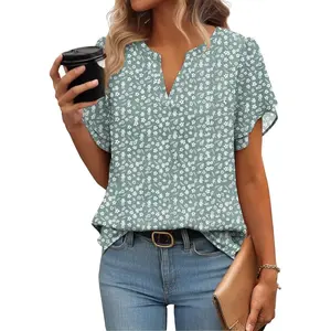 Womens Dressy Casual Shirts Short Sleeve V Neck Work Blouse Business Casual Summer Chiffon Tops Double-Layer for Comfort Dressy Petal Sleeve 2026 spring