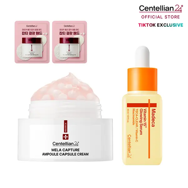 [Centellian24] Glow-Up Radiance Duo: Madeca Mela Capture Ampoule Capsule Cream 55ml + Madeca Vitamin 15+ Glowing Serum 30ml + Deep Skin Care & Radiance Boost | Korean Skincare, Skin Care Sets, Glowup, Vitamin C, Hyaluronic Acid, Hyperpigmentation Treatmen