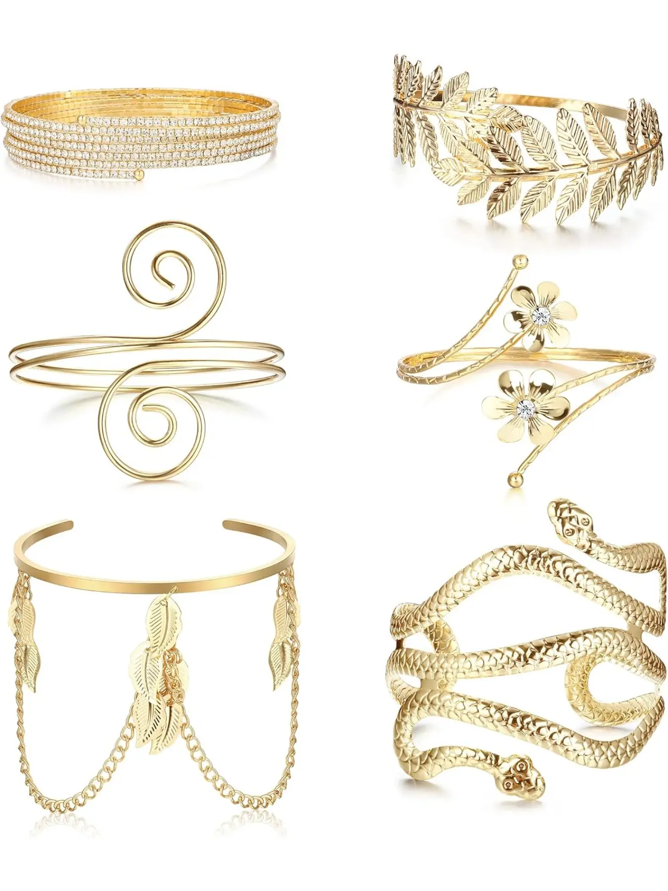 Women's Upper Arm Jewelry Spiral Cuff Bracelet, Open Cuff Bangle, Adjustable Boho Style 6-Piece Set for Festivals & Daily Wear, Bohemian Bracelets, Cuff Bangles Bracelets