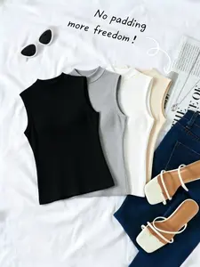 4-Pack Women's Sleeveless High Neck Slim Fit Vest Tops Womenswear, Basic Polyester Sweat-Wicking Breathable Casual T-Shirt, Ideal for Summer Sports and Shopping