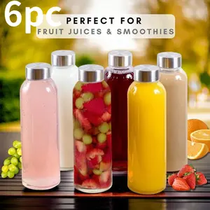 6 Transparent Glass Water Bottles with Stainless Steel Lids 16oz Reusable, Leak-Proof Cold & Hot Cups for Travel, Gym, Outdoor, Home Kitchen Party Office Gift