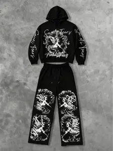 TikTok Trending! Black Streetwear Tracksuit Set with "Saintly Tears" "Free Spirit" Text and Angel Graphics, Featuring a Vintage, Artistic Design, Perfect for Achieving a Stylish, Boho - Inspired Look