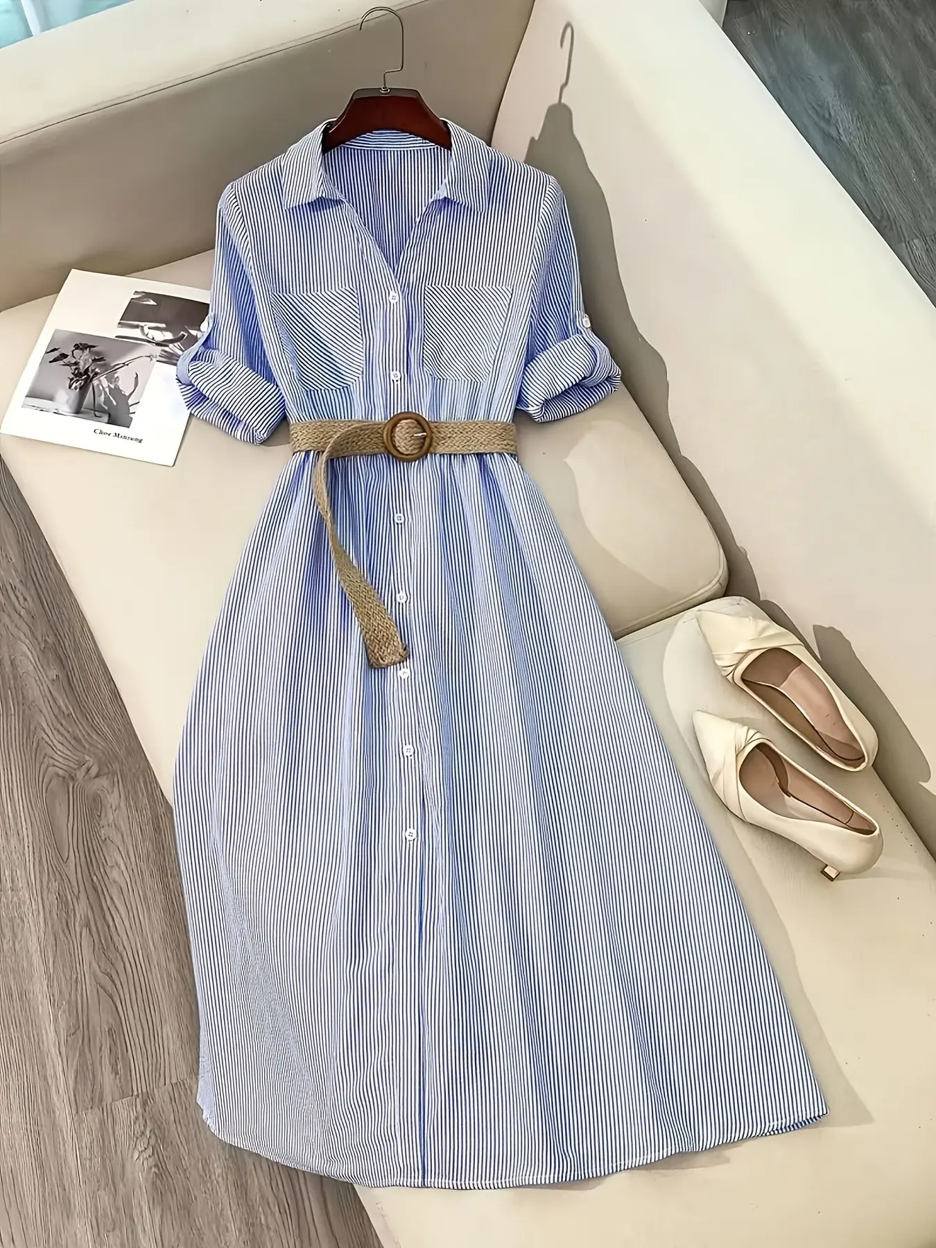 Women's Casual Striped Long Sleeve Shirt Dress, Single Button Front Pocket Design, Perfect for Daily Wear and Vacation, Womenswear