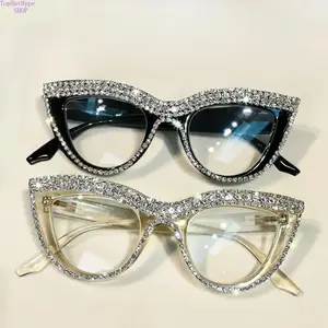 2PCS Cat Eye Rhinestone Blue Light Blocking Glasses for Women, Elegant Full Frame Eyewear with Sparkling Crystal Decor, Clear Polycarbonate Lenses, Anti Eyestrain Computer Glasses for Daily Office, Study & Screen Time Protection