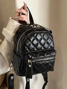 Small simple  classic fashionable backpack, Quilted casual daypack, glossy black versatile mini backpack, fashionable   trendy multi-pocket design, portable travel bag, suitable for daily commuting, shopping and dating, etc.