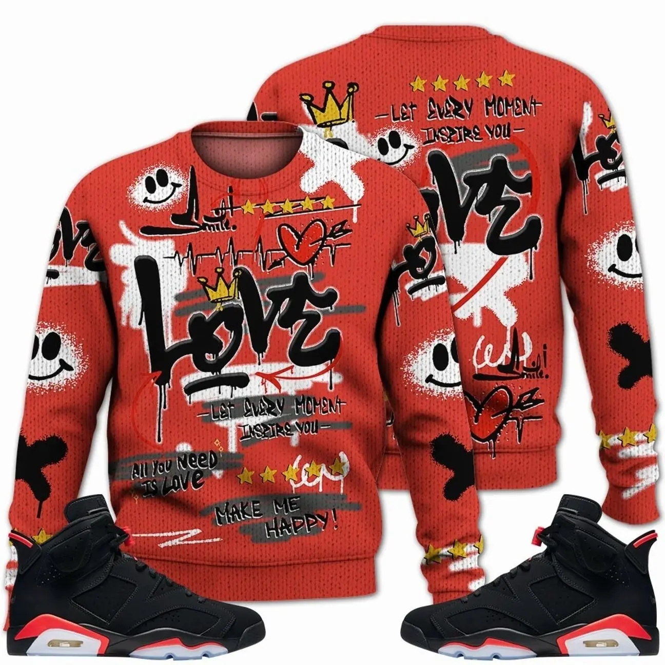 Retro 6 Infrared Outfits, Black Infrared 6s Ugly Sweater, Happy Love Beats Graffiti Outfits Streetwear Unisex Sneaker Matching Shirts