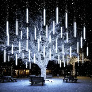 Meteor Shower Rain Lights, 288 LED Falling Rain Christmas Lights with 8 Tubes (11.8" Each), Waterfall Effect Plug-in Outdoor Decor for Xmas Tree, Yard, Roof, Party (Warm White/Blue/White)