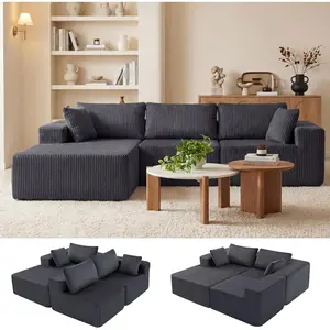 107" Cloud Couch Sofa Set, Modular L Shaped Sectional Couch with Chaise Lounge, Deep Seat Upholstered Sofa Set with Corduroy Fabric & Pillows, No Assembly Living Room Furniture   Dark Gray