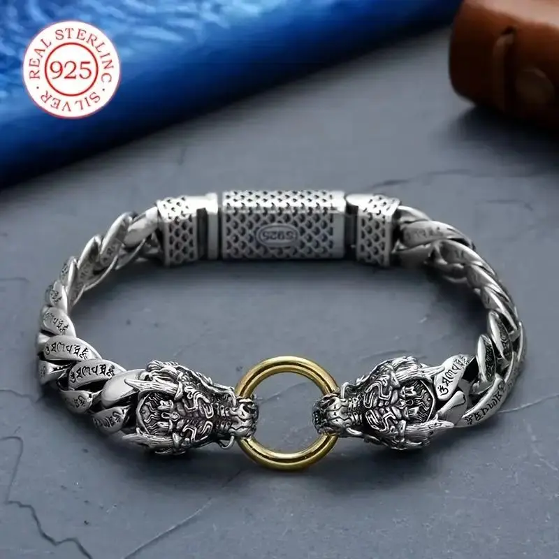 S925 Stering siver Dragon Head Link Bracelet for Men Retro Engraved Siver Chain with Mantra Vintage Masculine Jewely for Daily Wear & Gifting, Bold Double Dragon Head Centerpiece, Mantra Engraved Woven Links, Secure Snap Lock Clasp, Bold Statement