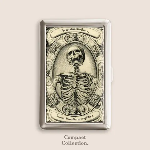 Vintage Aesthetic Stainless Steel-Metal Skeleton Pattern Cigarette Case - Epoxy Resin Blunt Holder, 100s Compact Storage Box, Button-Open Home Organizer (4in L x 2.67in W x 0.67in H), Great Gift for Men