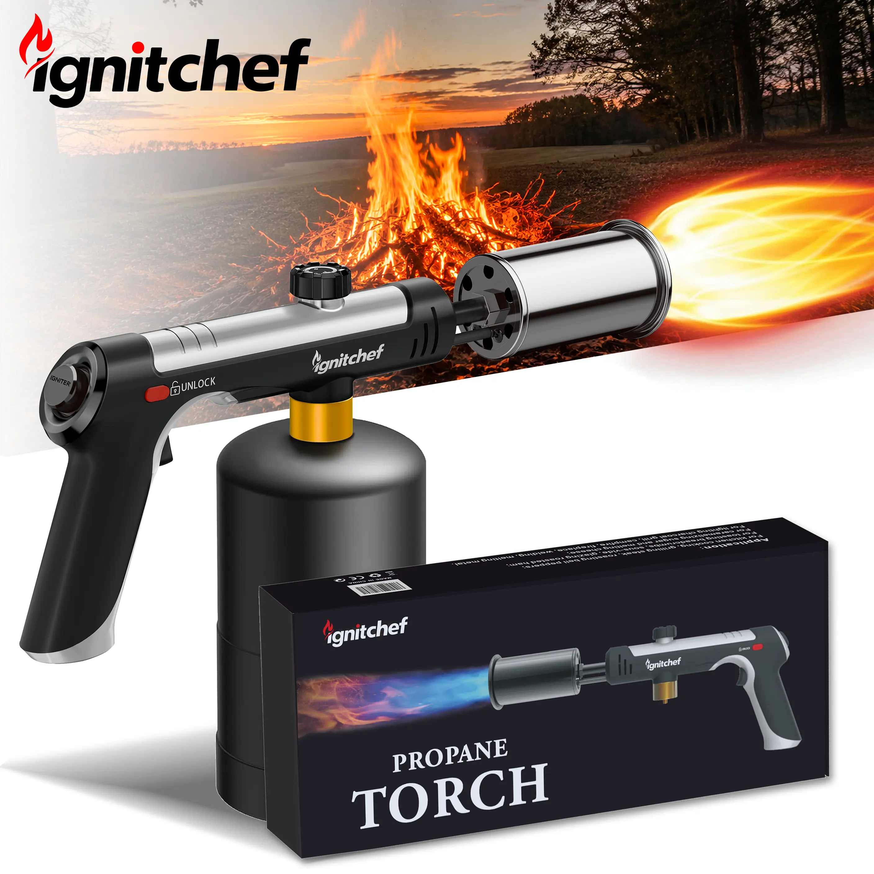 Powerful Propane Torch Gun -1-Touch Max Fire Ignition, Multi-Pattern Nozzle Set, Adjustable Food Culinary Torch for BBQ, Searing Steak, Steel Bakeware Compatible (Propane Tank Not Included)