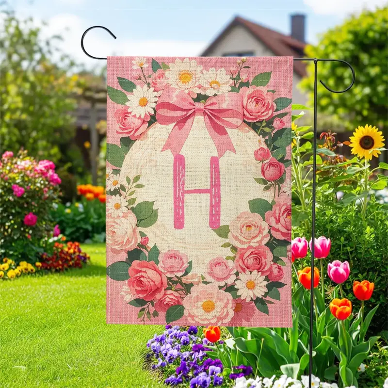 Spring Pink Bow Garden Flag 12x18 Inch Double Sided, Personalized Initial & Family Last Name Yard Flag, Floral Boxwood Wreath Outdoor Flag for Spring, Easter, Holiday Porch Lawn Garden Decor, Flagpole Not Included