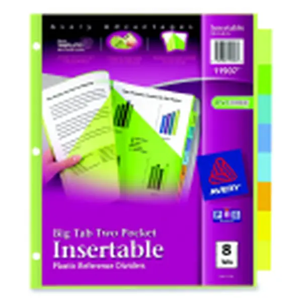 Avery Big Tab Plastic Insertable Divider - 8-Tab, Multiple Color, Colored Tabs Binder Accessories