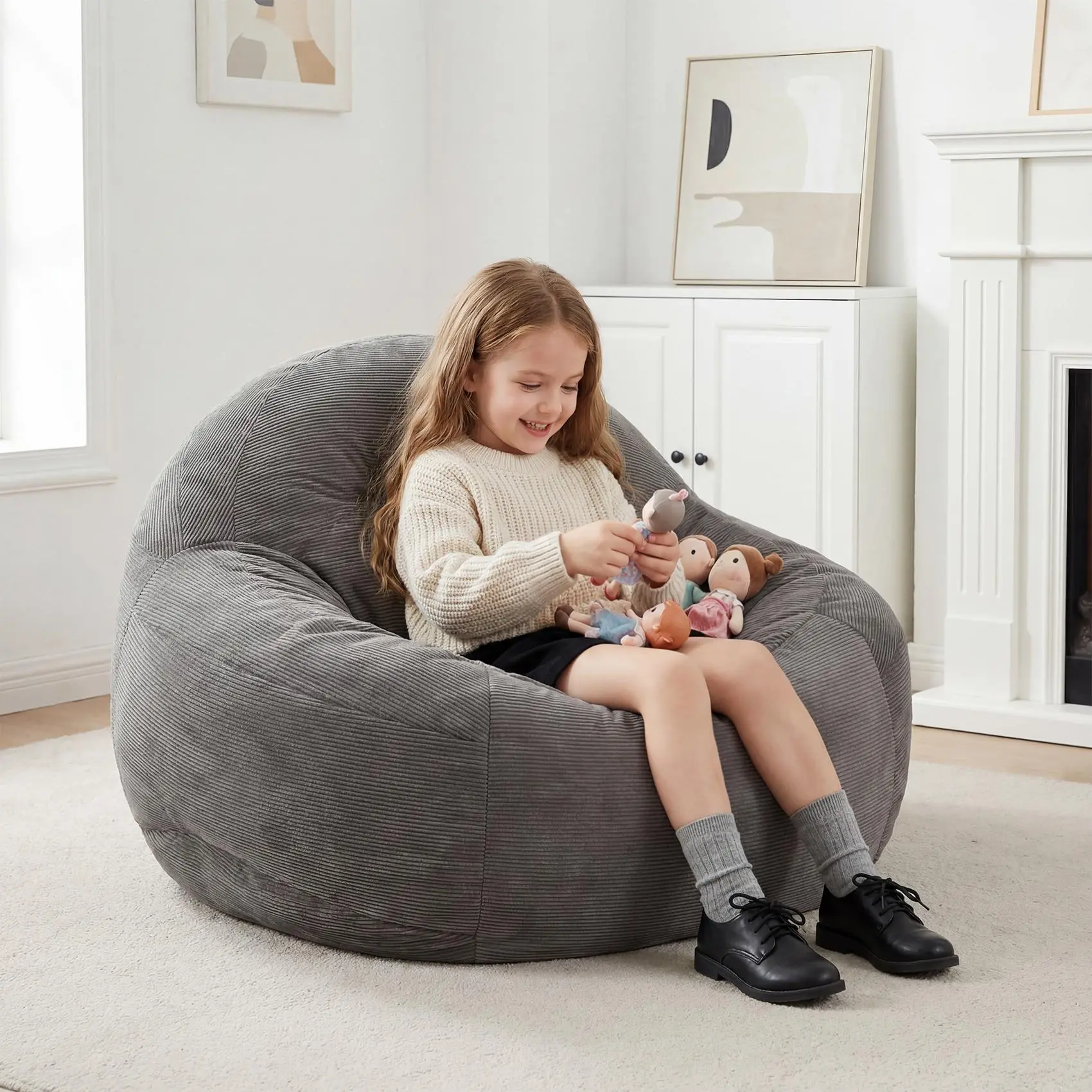 Soft Corduroy Oversized Round Bean Bag Chair, Modern Plush-Filled Edge-Free Comfy Lounge Seat for Kids, Bedroom Accessories & Decor Beanbag Couch Beanbag Cushion Beanbag Lounger