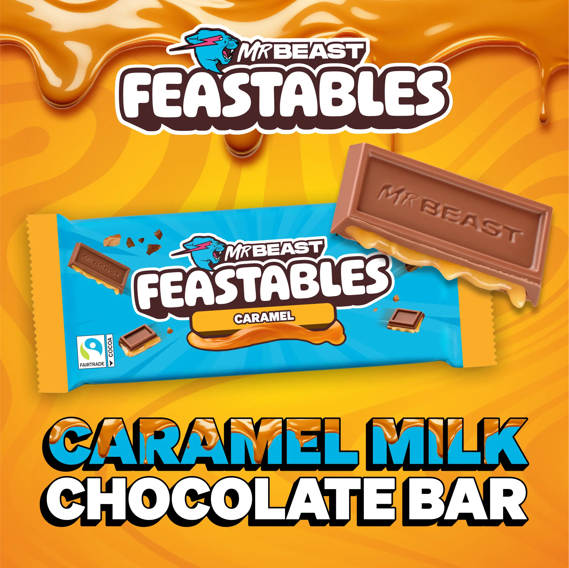 Feastables by MrBeast - Caramel Chocolate Bars - for Adults & Kids, Chocolate, Candy, Cocoa Sweet & Crunchy Snack, Fairtrade Certified, Kosher, Perfect for Gifting or Snacking