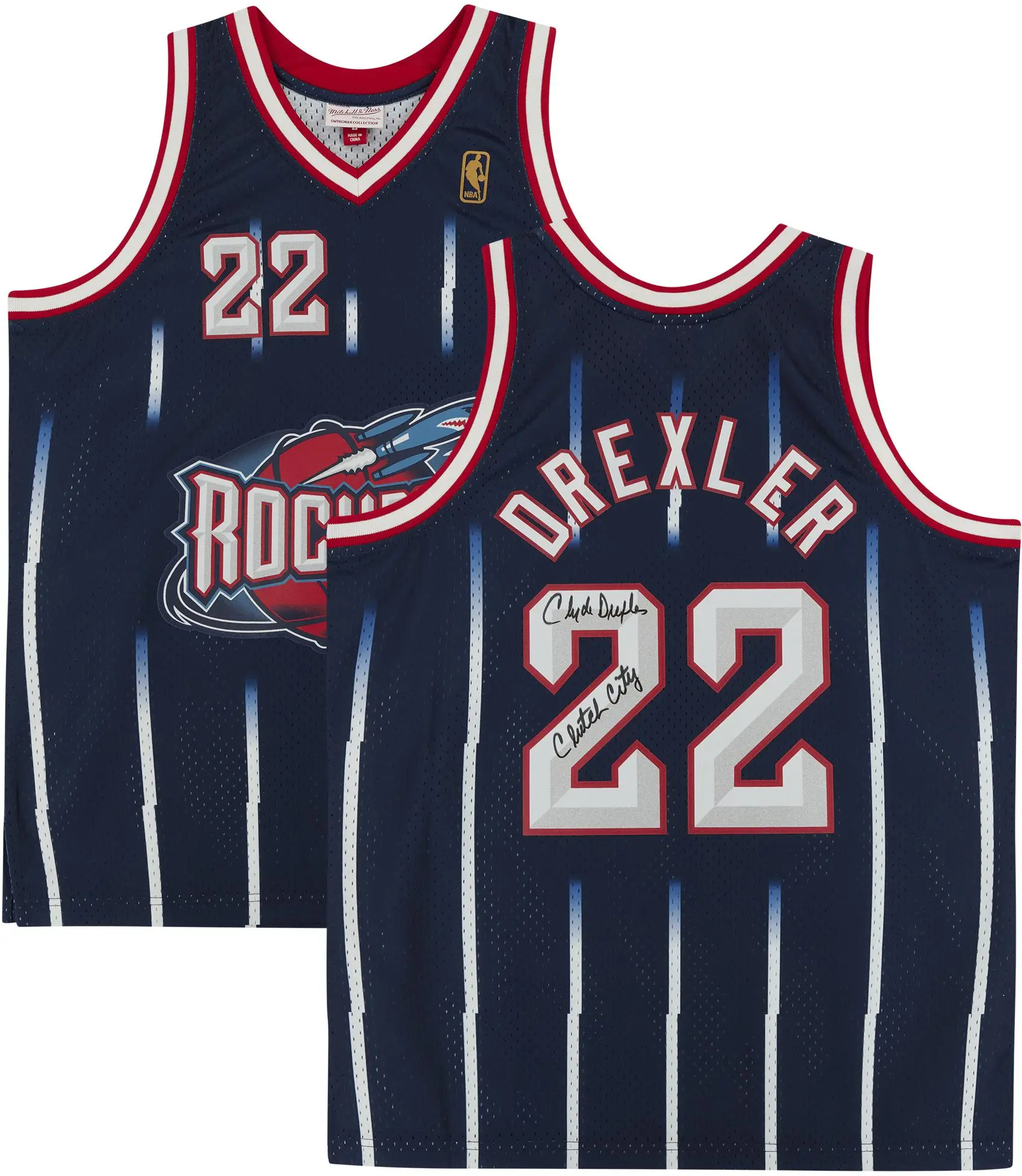 Clyde Drexler Houston Rockets Autographed Navy 1995-96 Mitchell & Ness Replica Jersey with "Clutch City" Inscription - Fanatics Authentic Certified - NBA Memorabilia