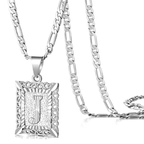 Custom Initial Alphabet Letter Necklace - Platinum-Gold Plated Square Capiton Stainless Steel Chain Unisex Jewelry, 50cm Initial Necklace for Men, Birthday, Anniversary Gifting