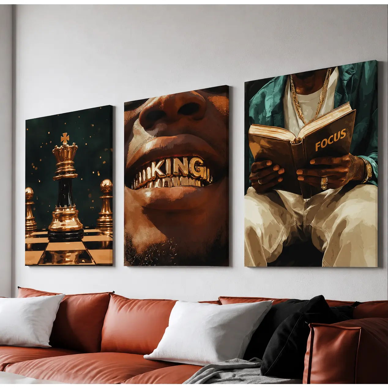 Set of 3 Black King Canvas Wall Art Prints, Gold Grills & Chess Poster, Luxury Urban Decor for Men’s Room