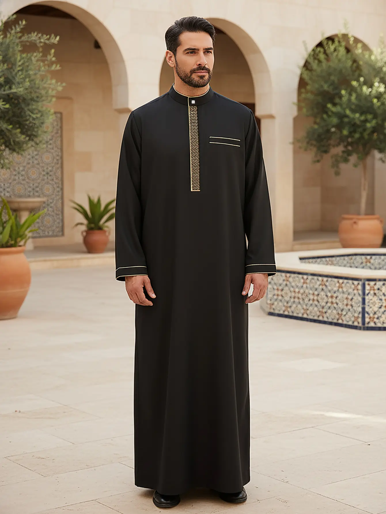 Men's Traditional Arabic Robe with Embroidery, Modest Casual Muslim Thobe for All Occasions
