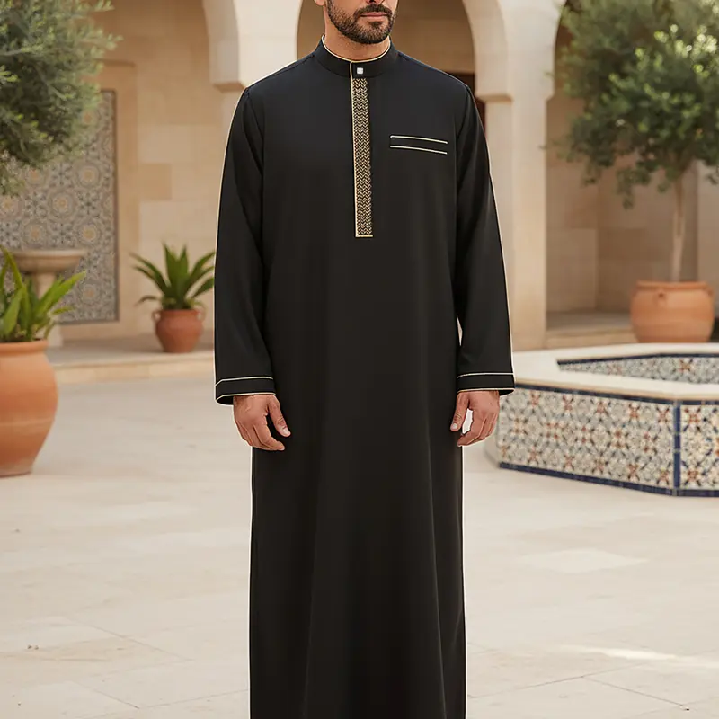 Men’s Modest Black Thobe, Traditional Arabic Muslim Jubba with Gold Embroidery, Islamic Robe for Eid & Special Occasions