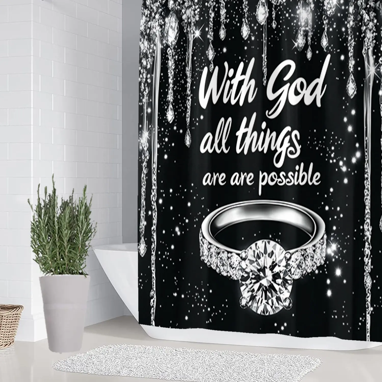 1/4 piece diamond ring design bathroom set, Shower curtain sets, including soft floor mat, toilet seat cushion, shower curtain, home decoration, floor mat with good rebound, water absorption, anti slip, preferred for gift giving, Bathroom Shower Curtains